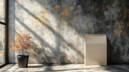 Sunlit Room with Textured Dark Wall Plant and Blank Canvas