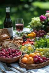 Colorful Summer Picnic Spread with Fresh Fruit, Salad, and Refreshing Drinks