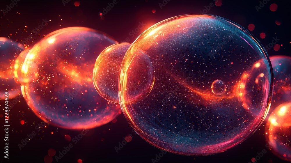 Poster abstract visualization of glowing bubbles in a cosmic setting.