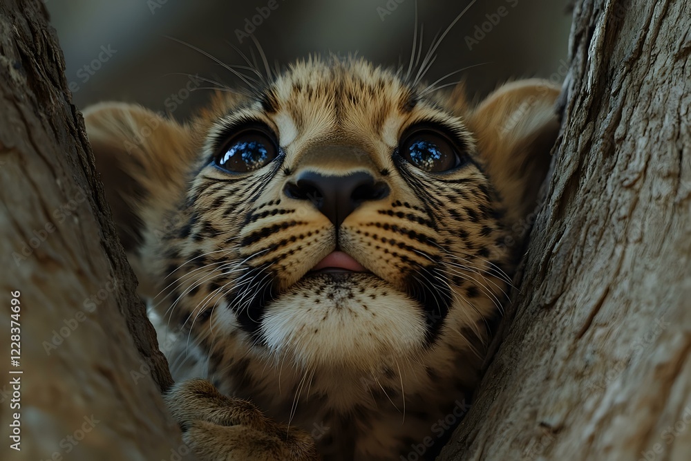 Poster close-up portrait of young leopard cub with bright blue eyes looking up while hiding between tree br