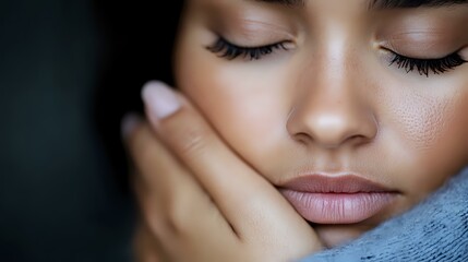 Fototapeta premium Close up portrait of young woman with flawless skin, long eyelashes and natural makeup resting head on hand against dark background, showing peaceful expression.