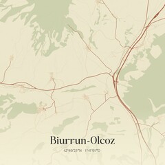 Retro Spanish map of Biurrun-Olcoz, Comunidad Foral de Navarra. Vintage street map.