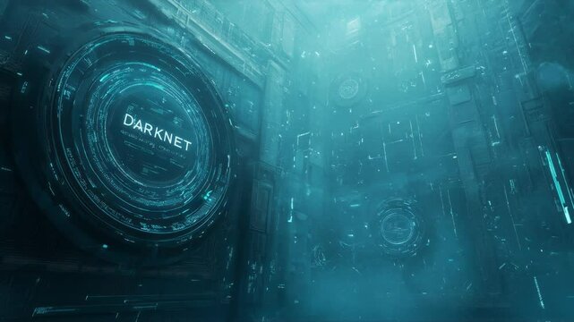 Darknet interface visualization in cyberpunk environment. Futuristic circular HUD elements with glowing data streams