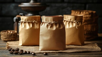Three Brown Paper Coffee Bags on Rustic Wooden Table