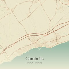 Retro Spanish map of Cambrils, Catalu�a. Vintage street map.
