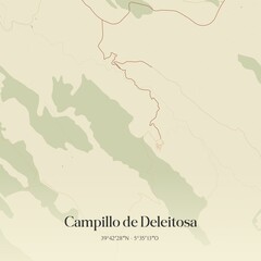 Retro Spanish map of Campillo de Deleitosa, Extremadura. Vintage street map.