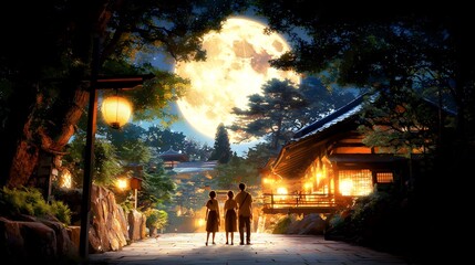 Serene night scene featuring two figures admiring a full moon over a traditional village