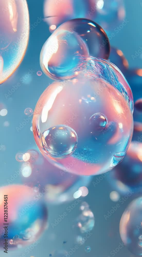 Poster a mesmerizing display of colorful soap bubbles drifting gracefully against a soft blue backdrop, cre