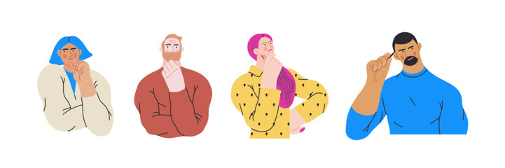 Thinking people, modern flat vector concept illustrations set- people standing thoughtfully. Metaphor for reflection, analysis, introspection, contemplation, deep thought