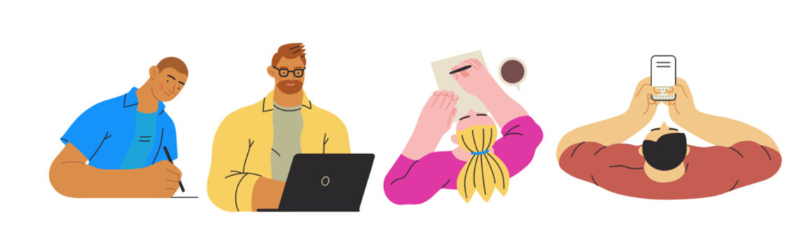 Writing people, modern flat vector concept illustrations set people writing on paper or device. Metaphor for reflection, insight, contemplation, creative expression