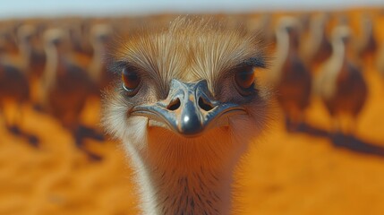 Close-up portrait of an ostrich with a flock of ostriches in the background