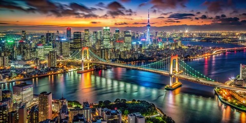 Fototapeta premium Tokyo Nightscape: Panoramic Mori Tower View, Rainbow Bridge & Airport Lights