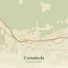 Obraz premium Retro Spanish map of Casta�eda, Cantabria. Vintage street map.