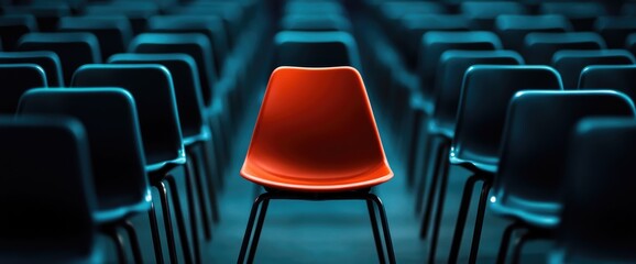 Red chair stands out in a row of blue chairs. Leadership, opportunity