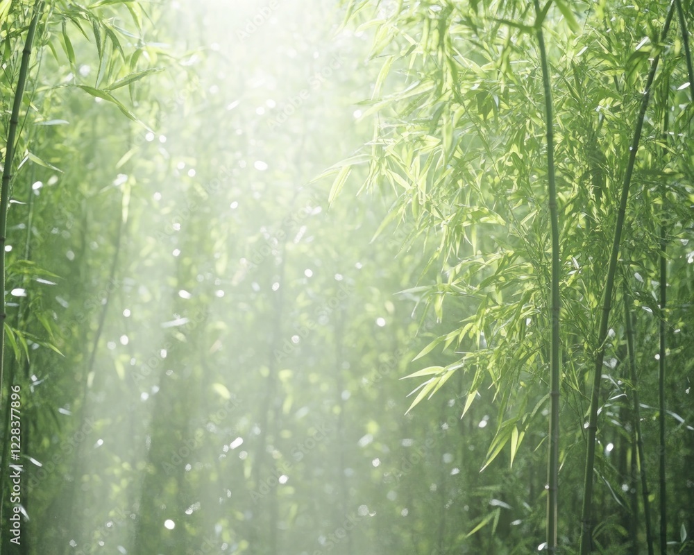 Poster immerse yourself in a serene escape with this image of a peaceful bamboo forest, where soft rays of 