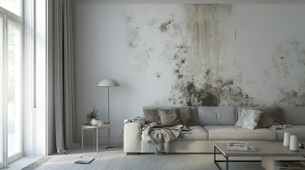 Cozy living room with moldy wall indicating indoor allergen risk, allergy concept