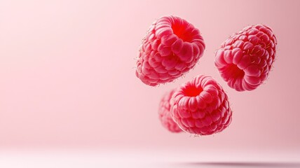 Three fresh raspberries floating against pink background