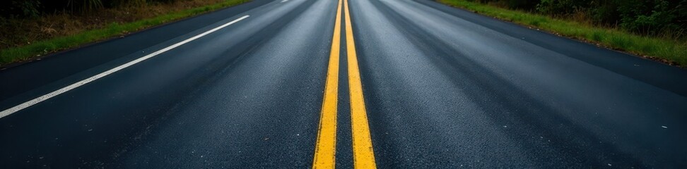 Grey asphalt road with yellow lines, curves visible, driving, speed, yellow