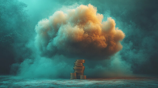 A stack of coins under a cloud symbolizing cloud cost budgeting and optimization in a minimalistic, bright tone with modern blurred empty space and room for caption on the side

