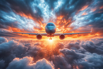 Airplane Flying Above Dramatic Clouds During Stunning Sunset Over Bright Sky