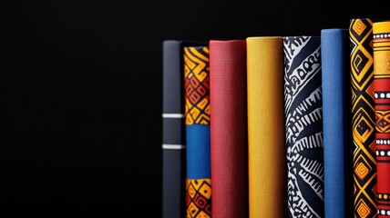Colorful cloth-bound books with African-inspired patterns on black background