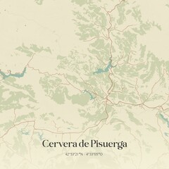 Retro Spanish map of Cervera de Pisuerga, Castilla y Le�n. Vintage street map.