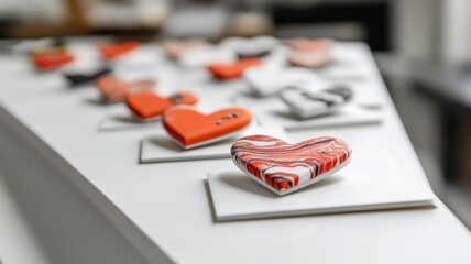 Colorful heart magnets on white display stand