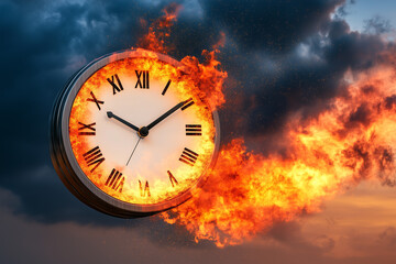 Clock in Flames Symbolizing the Passage of Time and Fragility of Life