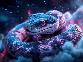 Fototapeta premium Witness the awe-inspiring spectacle of A cosmic serpent with radiant, multicolored scales, coiling through the vastness of space, its ethereal form weaving through nebulous clouds and stardust This