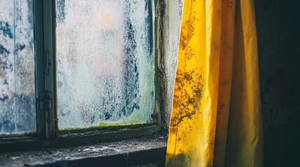 Moldy window frame with damp condensation and yellow curtain signifying potential indoor allergy triggers.