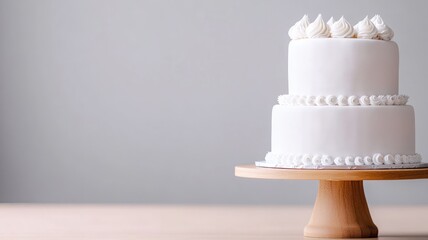 Two-tier white wedding cake with decorative frosting on wooden stand