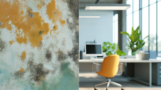 Close-up of moldy wall in modern office highlighting indoor pollution and allergy concept