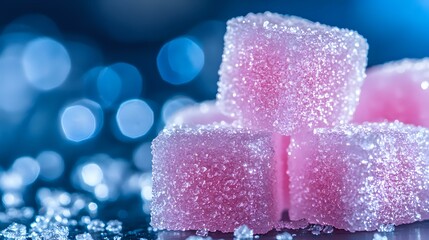 Pink sugar cubes with crystalline sparkle texture on dark blue bokeh background. Sweet candy macro photography for food industry and confectionery marketing.