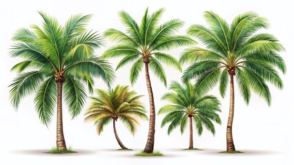 Tropical Palm Trees: White Background Vector Illustrations Set
