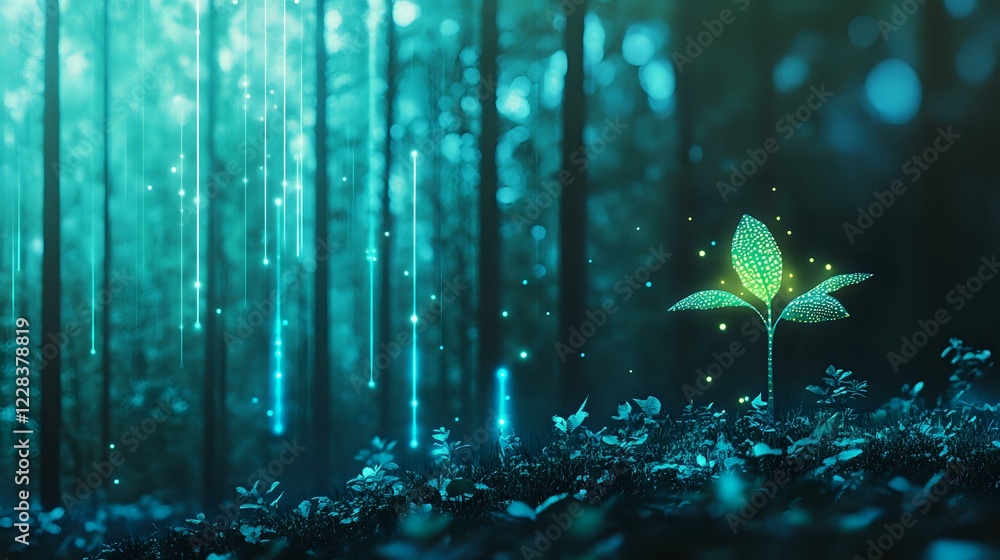 Poster young green sprout growing from soil in mystical turquoise forest with glowing particles and bokeh l