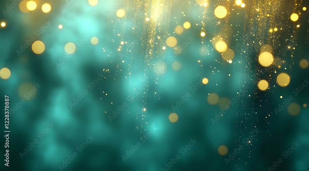 Poster magical golden bokeh lights and sparkles floating on turquoise background with glowing particles eff