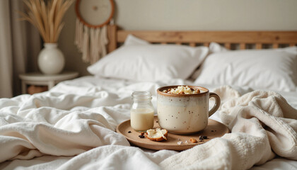 Boho-style breakfast in bed with herbal tea and chia pudding, cozy ambiance, Breakfast in Bed, Mother&rsquo;s Day