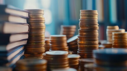 Stacks of Coins and Books: Knowledge is Power, Financial Literacy Concept