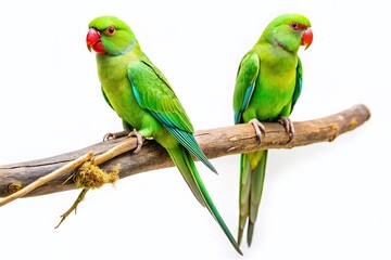 Fototapeta premium Two Green Parakeets Perched on Branch, Isolated on White Background - Stock Photo
