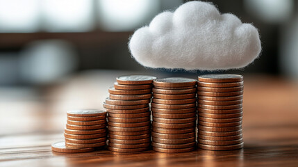 A stack of coins under a cloud symbolizing cloud cost budgeting and optimization in a minimalistic, bright tone with modern blurred empty space and room for caption on the side


