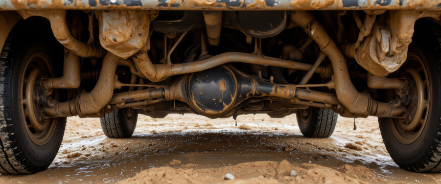 car undercarriage in a rugged mood showcasing off-road capabilities against a sandy background