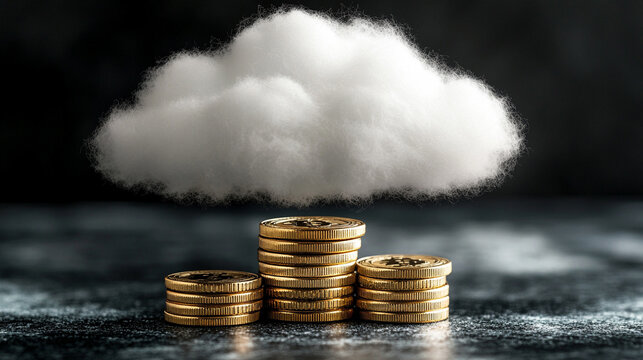 A stack of coins under a cloud symbolizing cloud cost budgeting and optimization in a minimalistic, bright tone with modern blurred empty space and room for caption on the side

