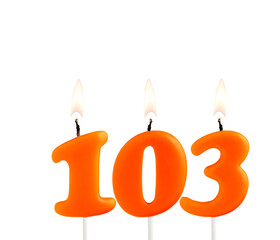 Orange birthday candle on white background - Number 103