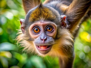 Fototapeta premium Upside Down Monkey Hanging, Candid Wildlife Photography, Primate Swinging, Jungle Animal, Funny Monkey
