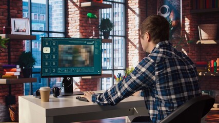 Person at home getting tasks done with AI program turning text prompt into videos. Man using computer to make use of text to video artificial intelligence generative models, camera A