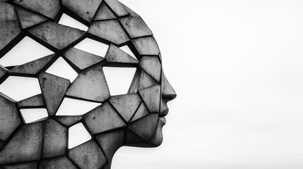 A striking sculpture representing fragmented identity and contemporary art in a minimalistic setting.