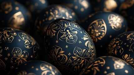 Elegant blue and gold ornate easter eggs with intricate floral patterns for a luxurious easter celebration concept