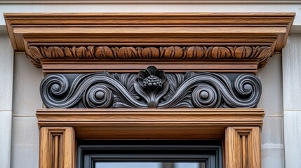 Ornate wood carving above building entrance with stone facade