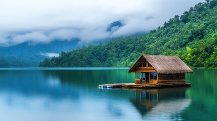 Obraz premium Serene Lake House Escape: A Tranquil Getaway in the Mountains