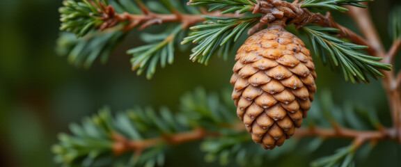 Fototapeta premium Pine cone hanging gracefully, serene atmosphere, symbolizing nature, against a blurred green background